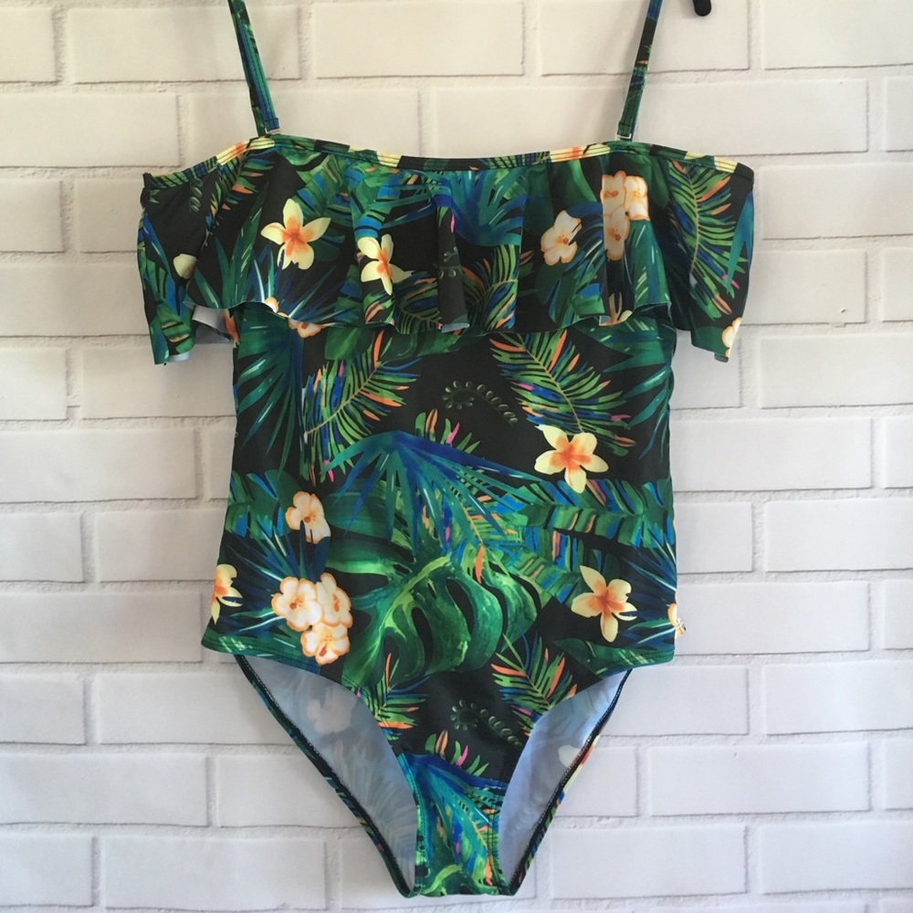 Unbranded Tropical Print Off The Shoulder Swimsuit